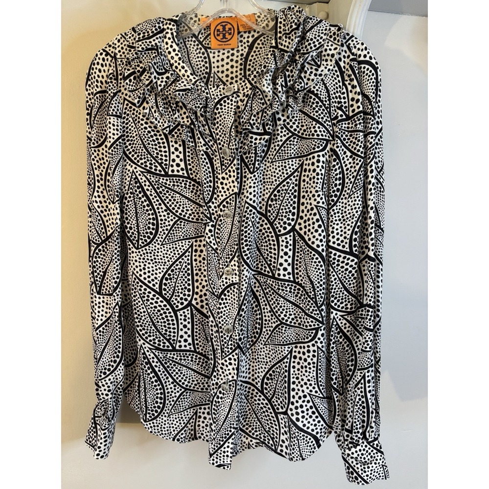 TORY BURCH Black & White Silk Ruffle Blouse 6 Office Career Classic